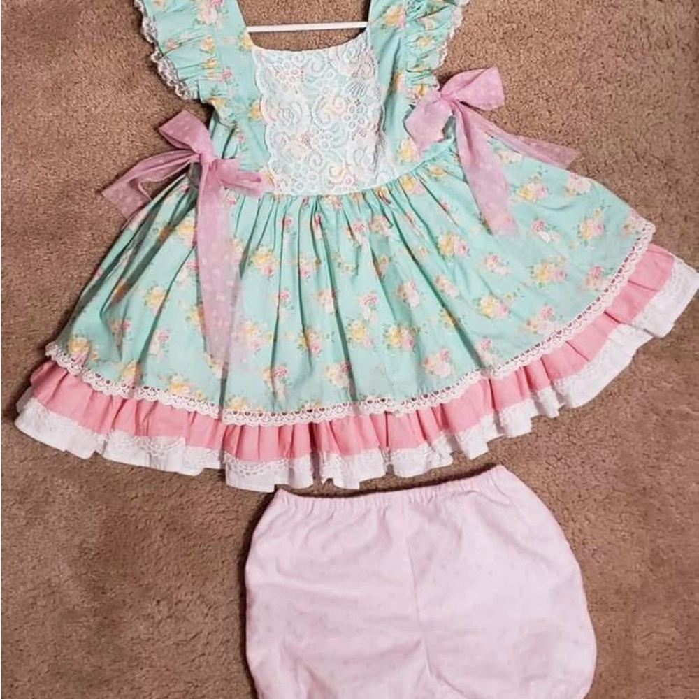 The Carriage House Mint Sorbet 
Floral Ruffled Kids Dress with Bloomers